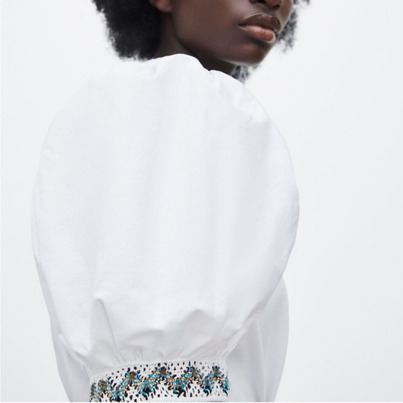 Zara Crochet Trim Puff Sleeve Tee Small White - Picture 2 of 7